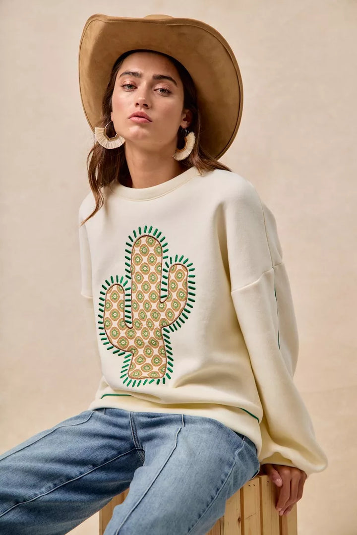 BiBi Cactus Embroidered Fleece Sweatshirt | Daverri Fashions