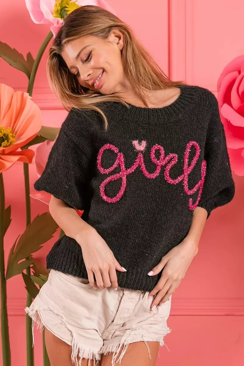 BiBi Metallic Letter Short Puff Sleeve Hairy Sweater - DAVERRI FASHIONS