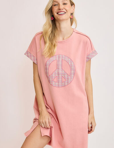 Umgee Pink Peace Plaid Applique Short Sleeve Mini Dress Mini Dresses