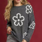 Umgee Round Neck Sweater with Pink Floral Accents - DAVERRI FASHIONS