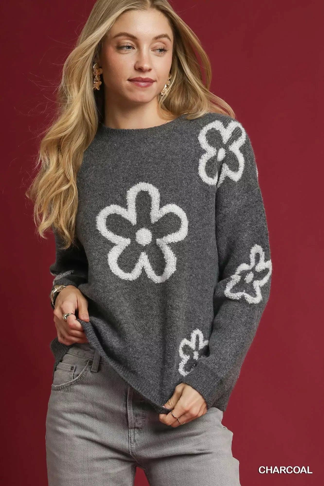 Umgee Round Neck Sweater with Pink Floral Accents - DAVERRI FASHIONS