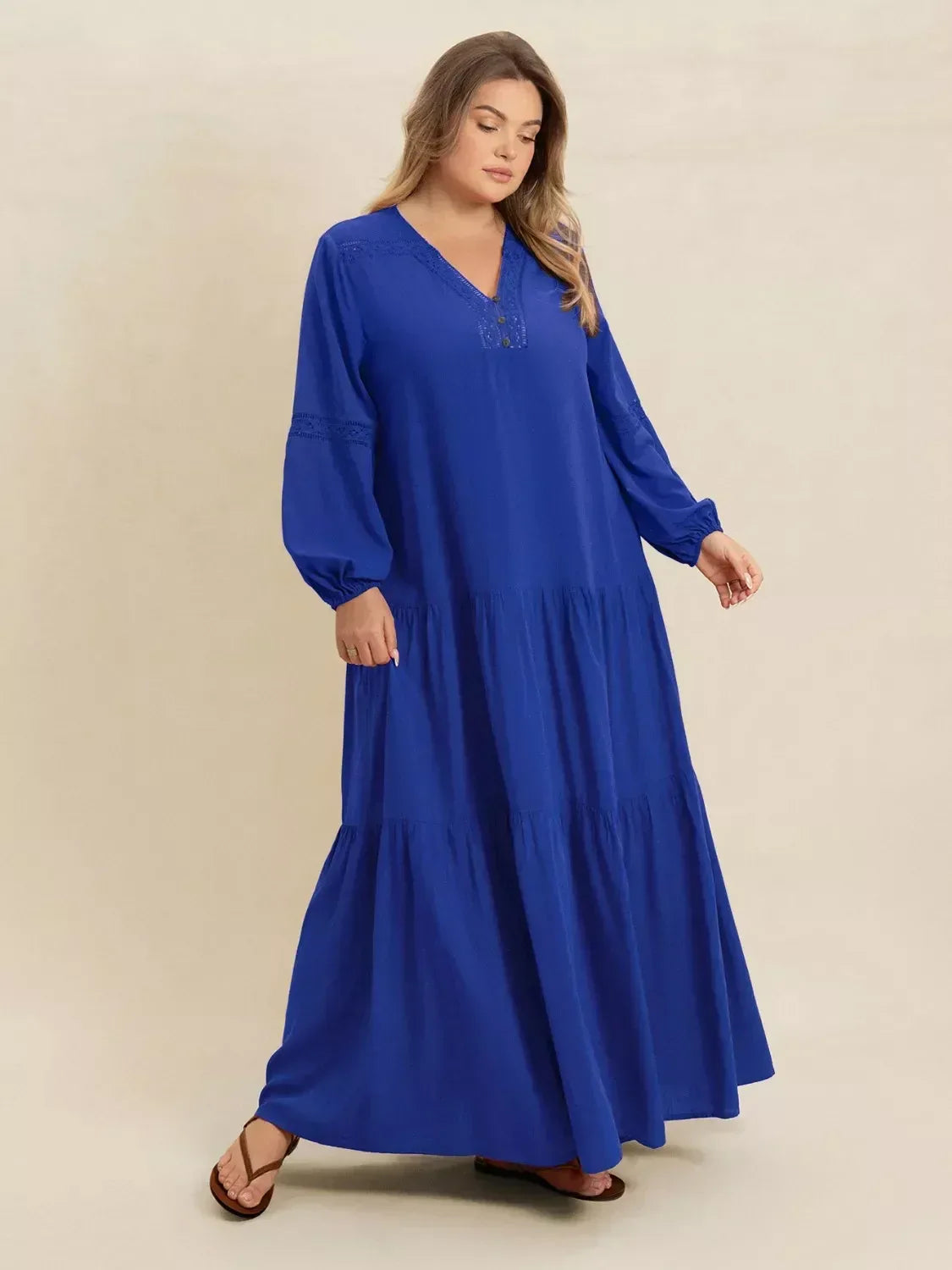 Plus Size Bohemian Tiered Maxi Dress with Balloon Sleeves - DAVERRI FASHIONS