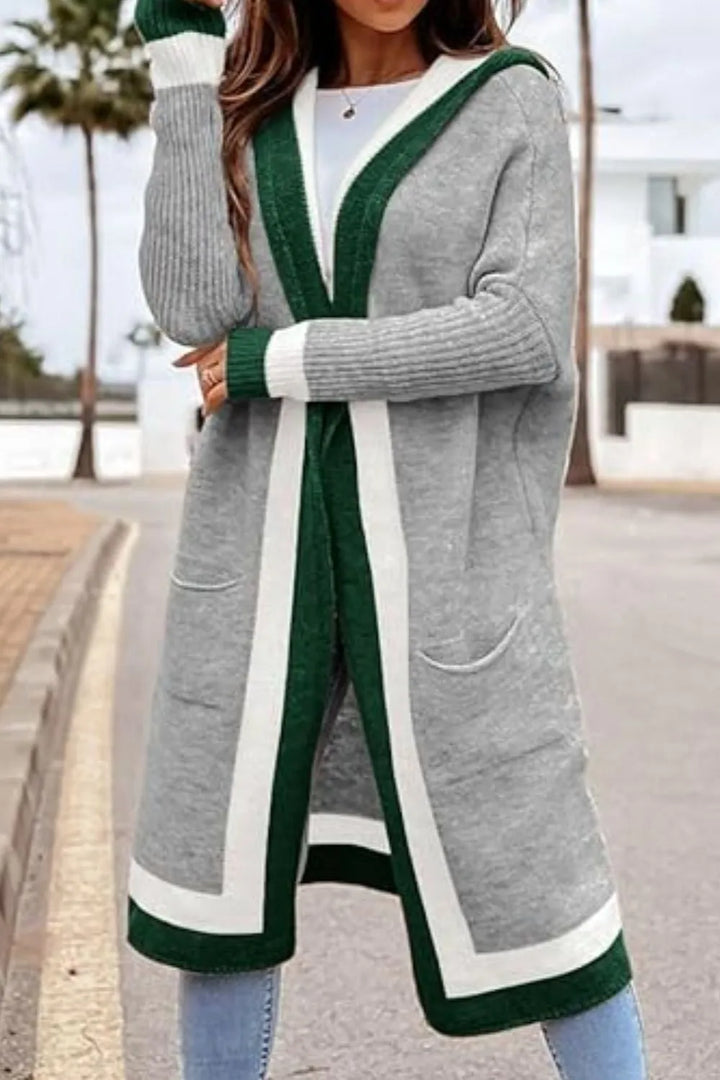 Pocketed Contrast Long Sleeve Hooded Cardigan | Cardigans Daverri Fashions