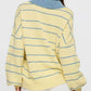 Womens long sleeve yellow knit sweater with blue stripes and polo collar