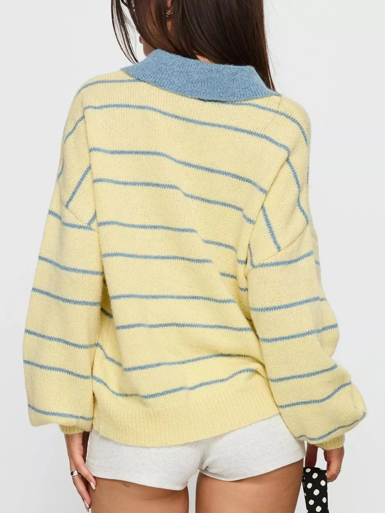 Womens long sleeve yellow knit sweater with blue stripes and polo collar