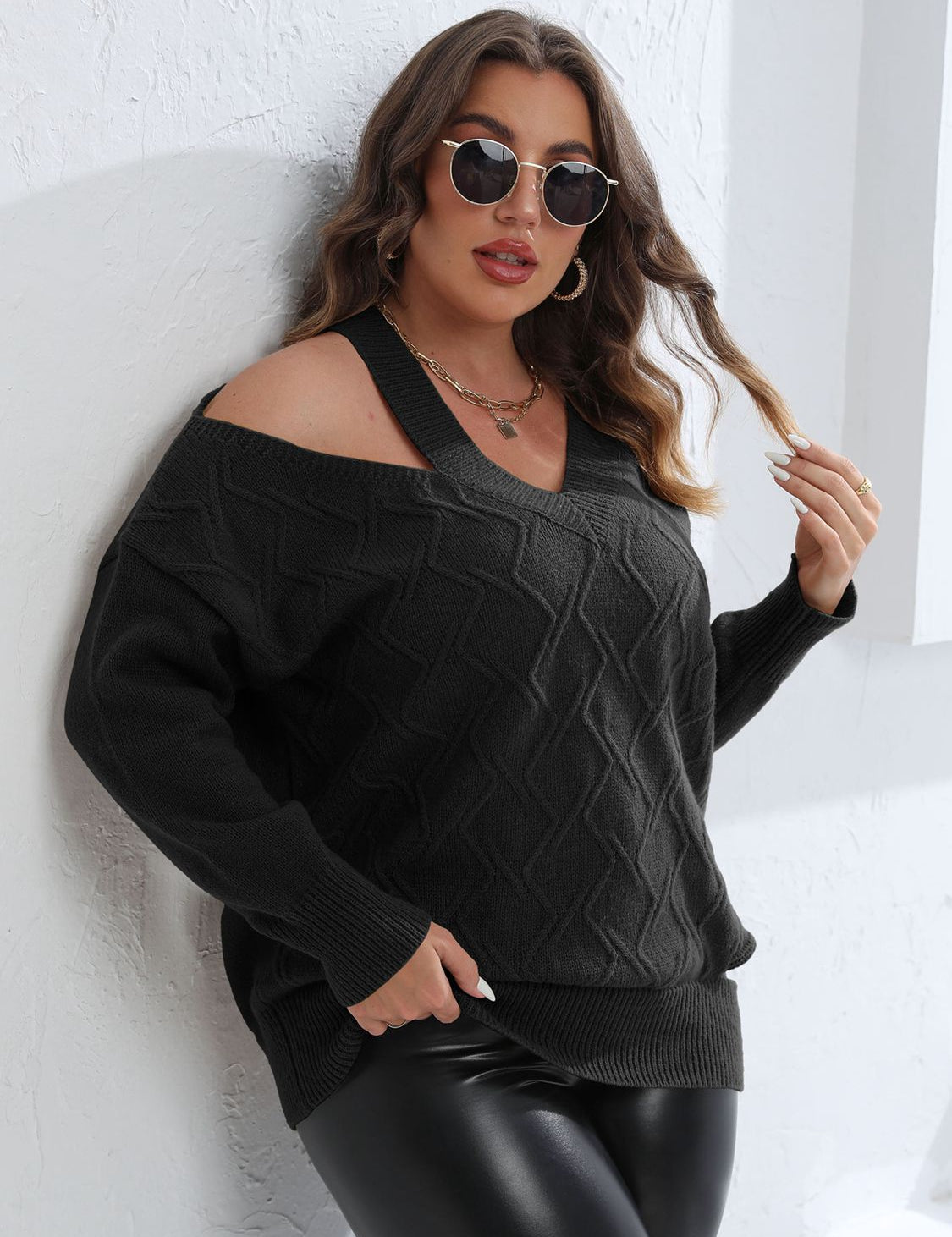 Plus size black off-shoulder cable knit V-neck sweater with cutout