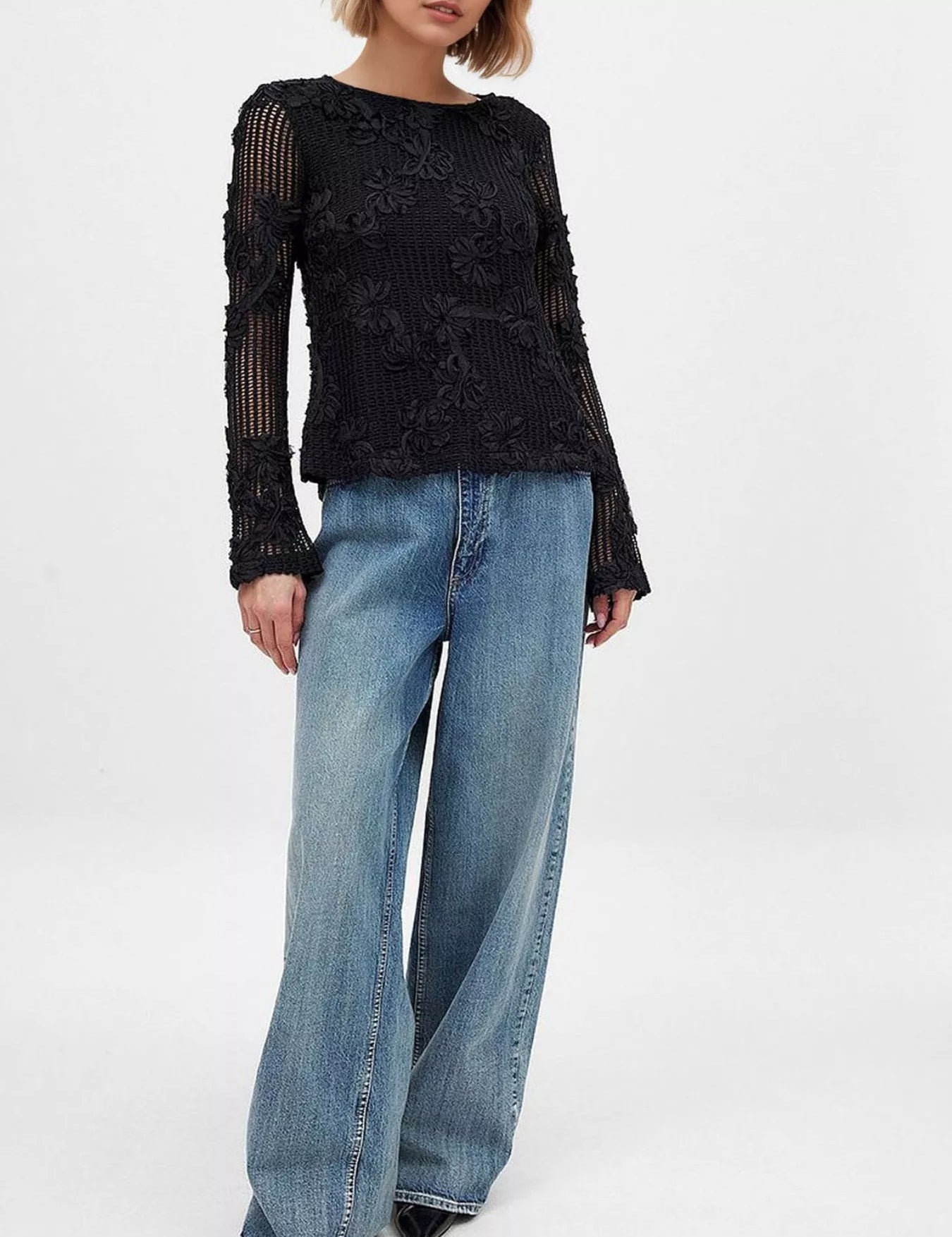 Black Openwork Tied Back Long Sleeve Blouse | Blouses Daverri Fashions