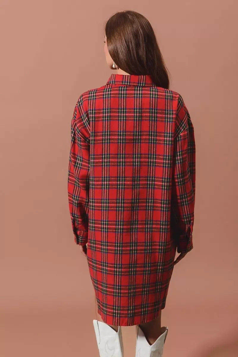 SO ME Christmas Checker Plaid Button Up Shirt Dress - DAVERRI FASHIONS
