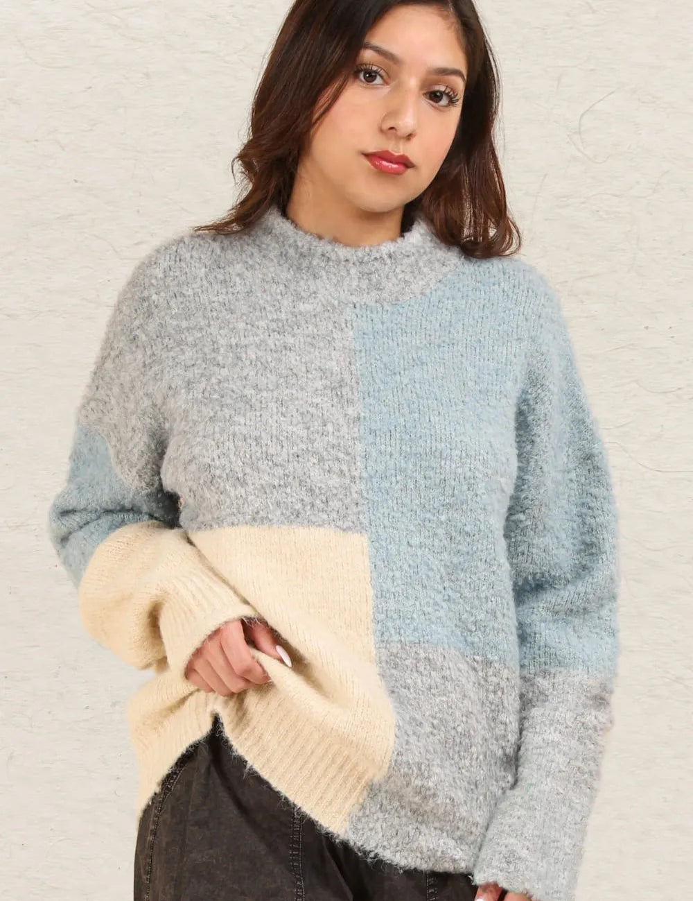 Grey VERY J Color Block Mock Neck Drop Shoulder Sweater Grey | Sweaters Daverri Fashions