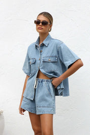 Collared Neck Button Up Top and Shorts Denim Set | Outfit Sets Daverri Fashions
