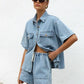 Collared Neck Button Up Top and Shorts Denim Set - DAVERRI FASHIONS