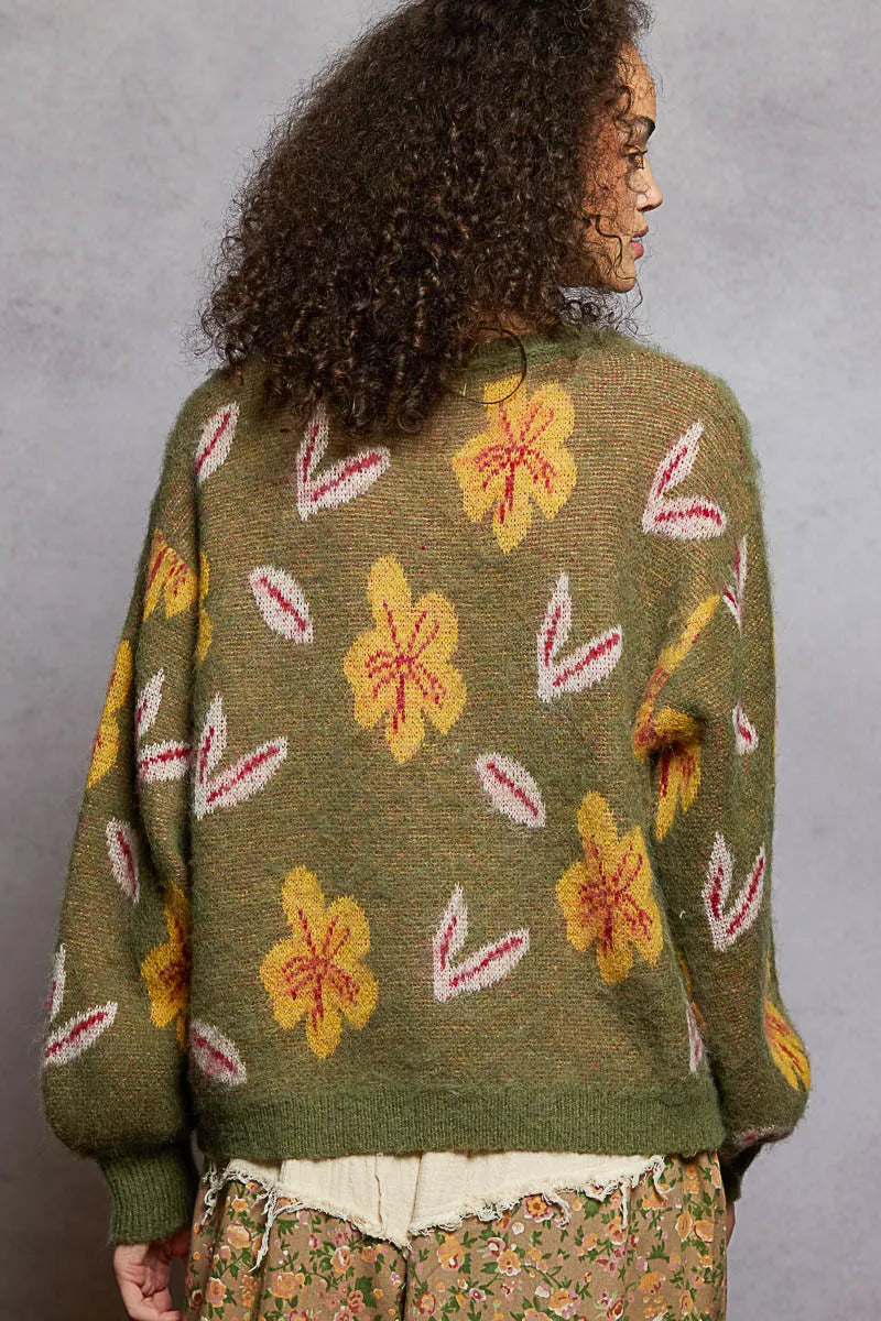 POL Floral Pattern Round Neck Balloon Sleeve Sweater | Sweaters Daverri Fashions