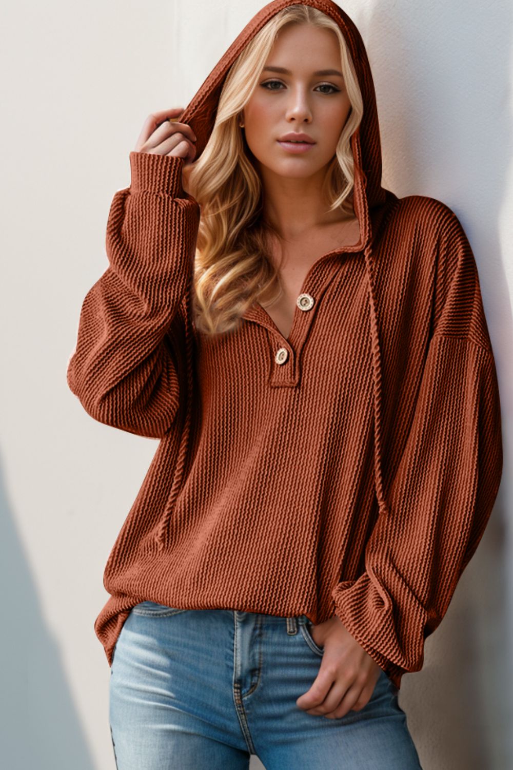Double Take Full Size Half Button Long Sleeve Hoodie | Hoodies Daverri Fashions