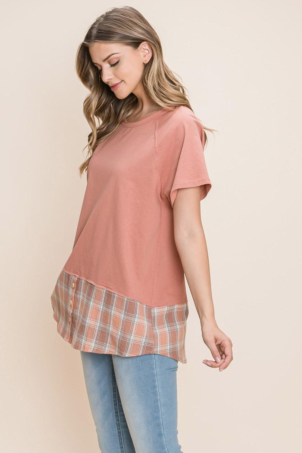 Cotton Bleu Plaid Contrast Short Sleeve T-Shirt Shirts & Tops