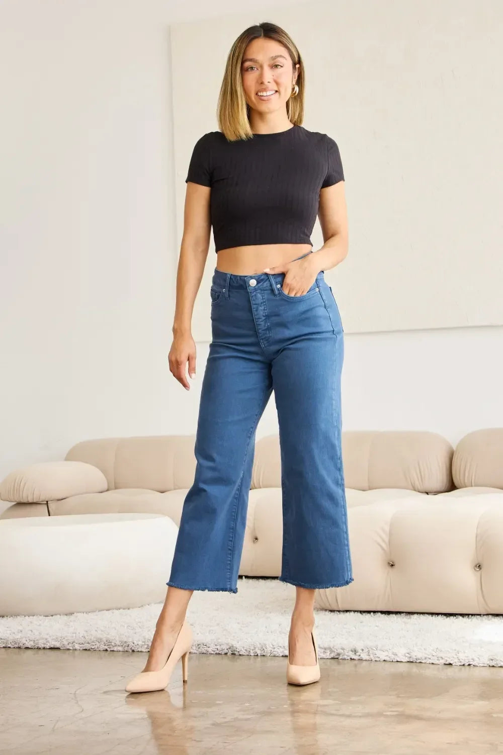 RFM Crop Chloe Tummy Control High Waist Raw Hem Jeans - DAVERRI FASHIONS