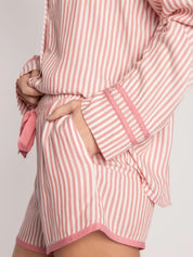 Striped Collared Neck Long Sleeve Top and Shorts Lounge Set | Loungewear Sets Daverri Fashions
