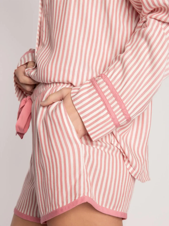 Striped Collared Neck Long Sleeve Top and Shorts Lounge Set | Loungewear Sets Daverri Fashions