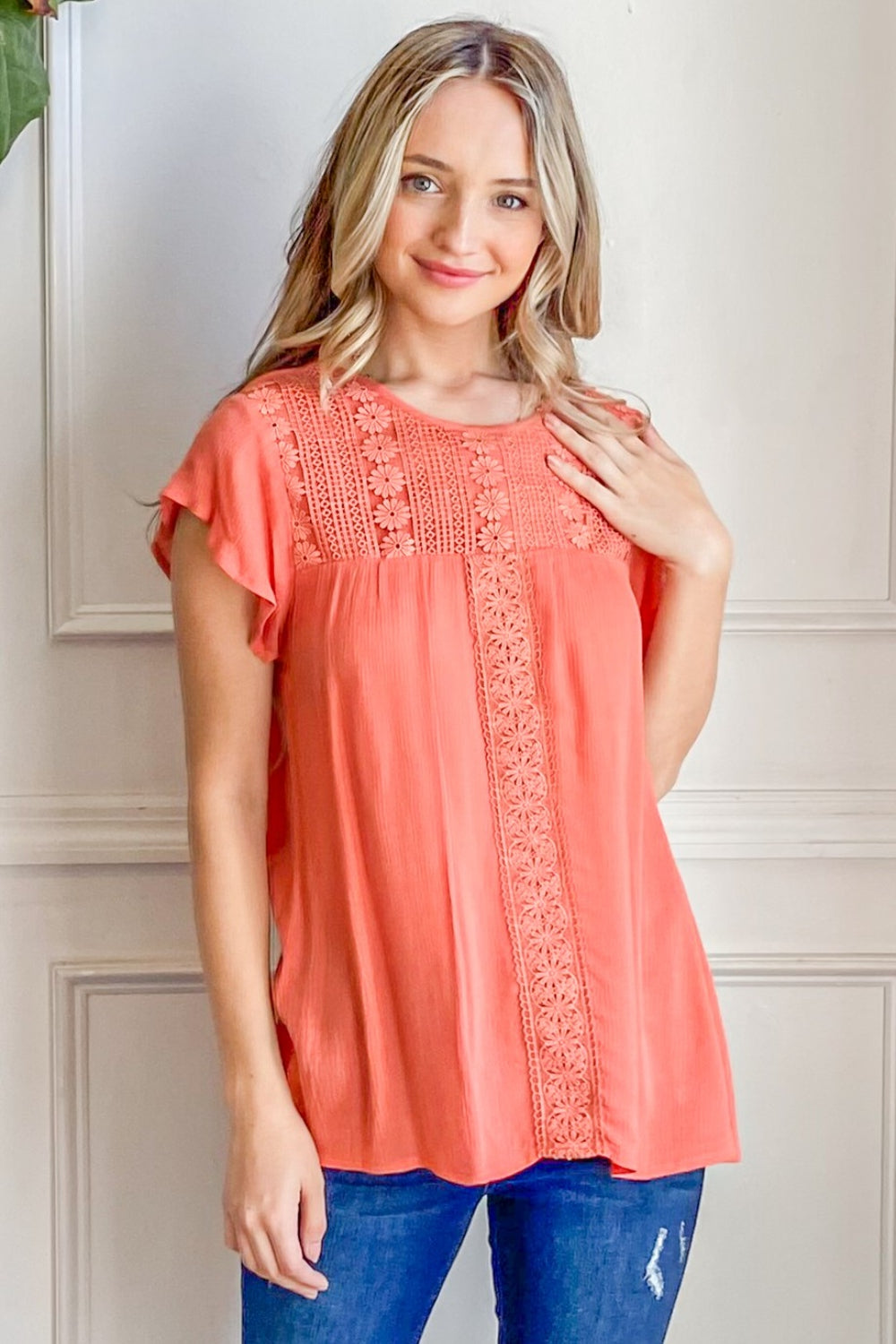 And The Why Lace Detail Ruffle Short Sleeve Blouse CORAL