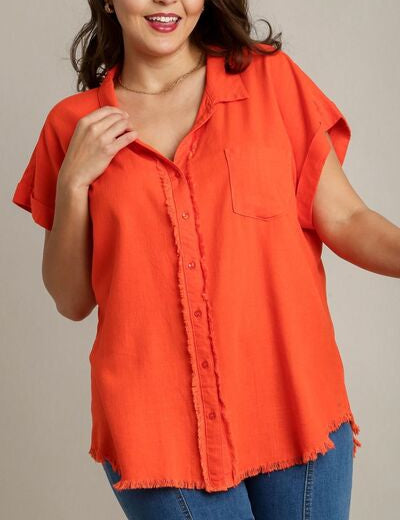 Umgee Full Size Linen Blend Button Down Short Folded Sleeve Shirt Plus Size Shirts