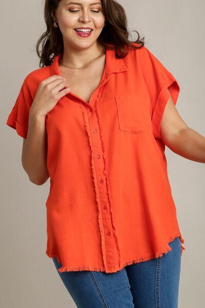 Umgee Full Size Linen Blend Button Down Short Folded Sleeve Shirt Plus Size Shirts