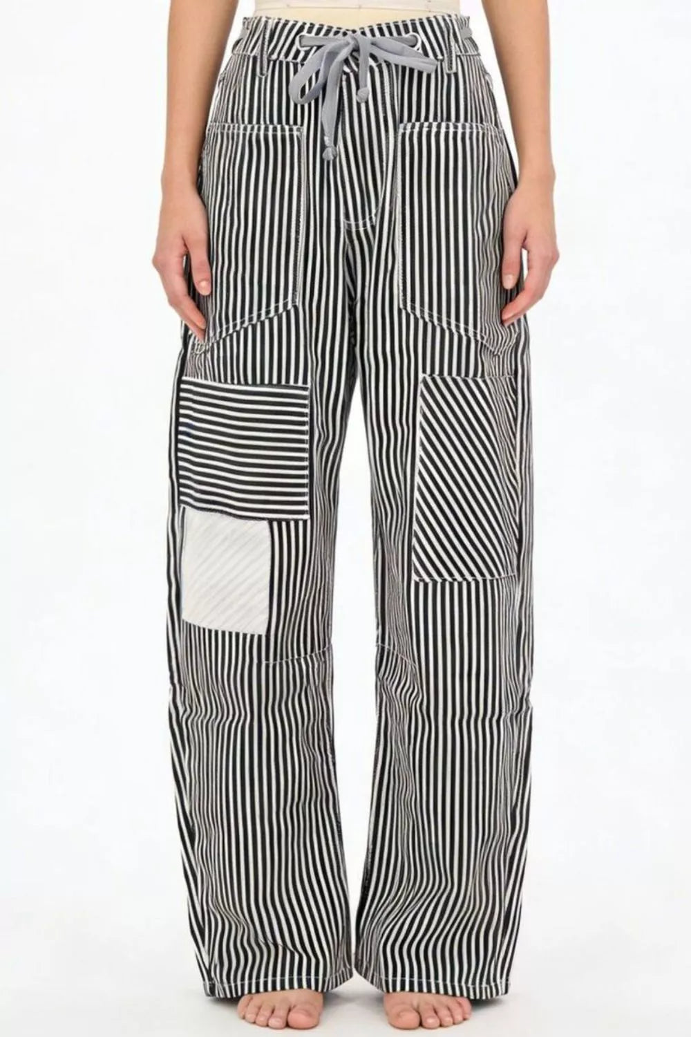 Daverri striped wide-leg pants with black white stripes patchwork pockets