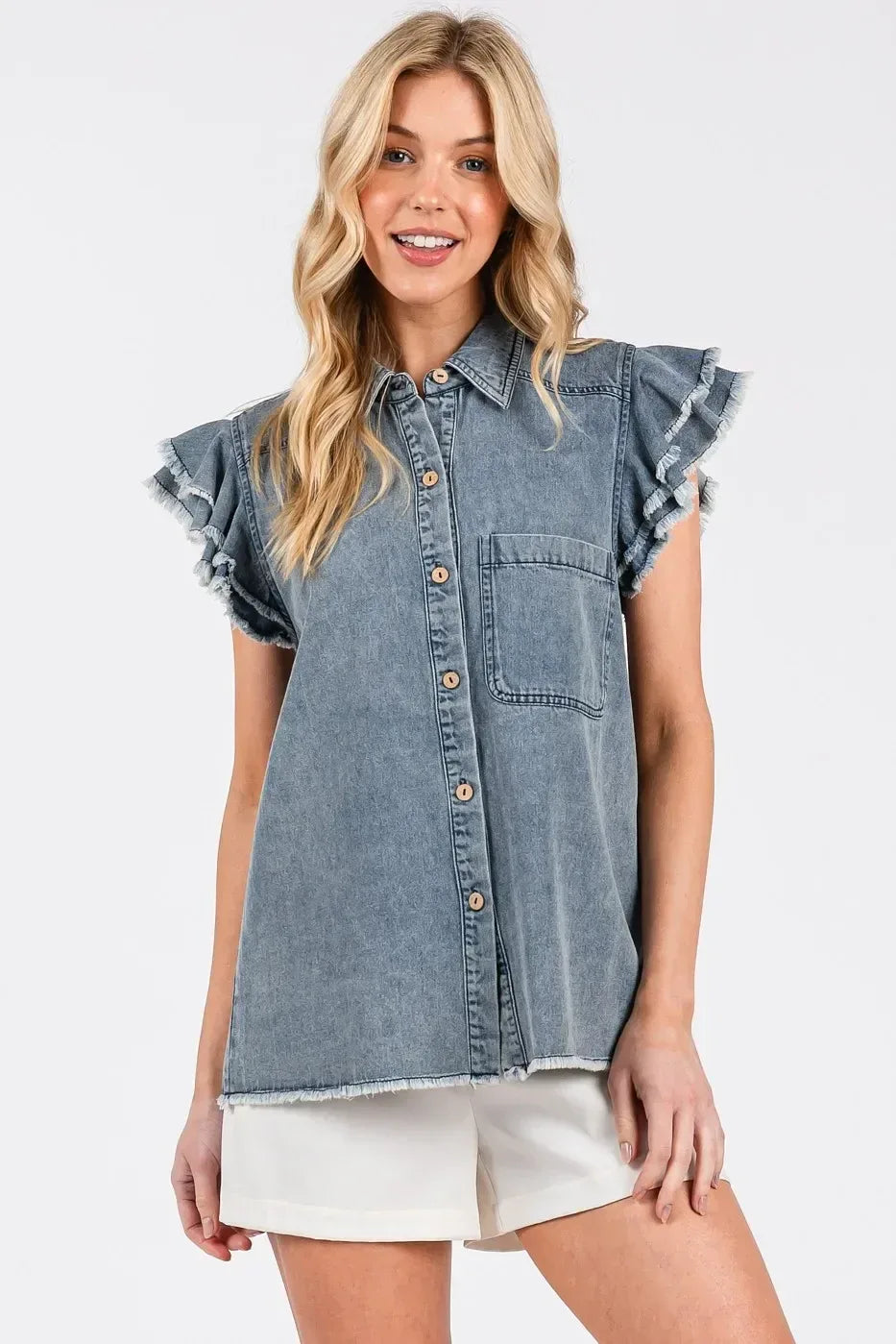 Mittoshop Washed Denim Ruffle Short Sleeve Collared Shirt - DAVERRI FASHIONS