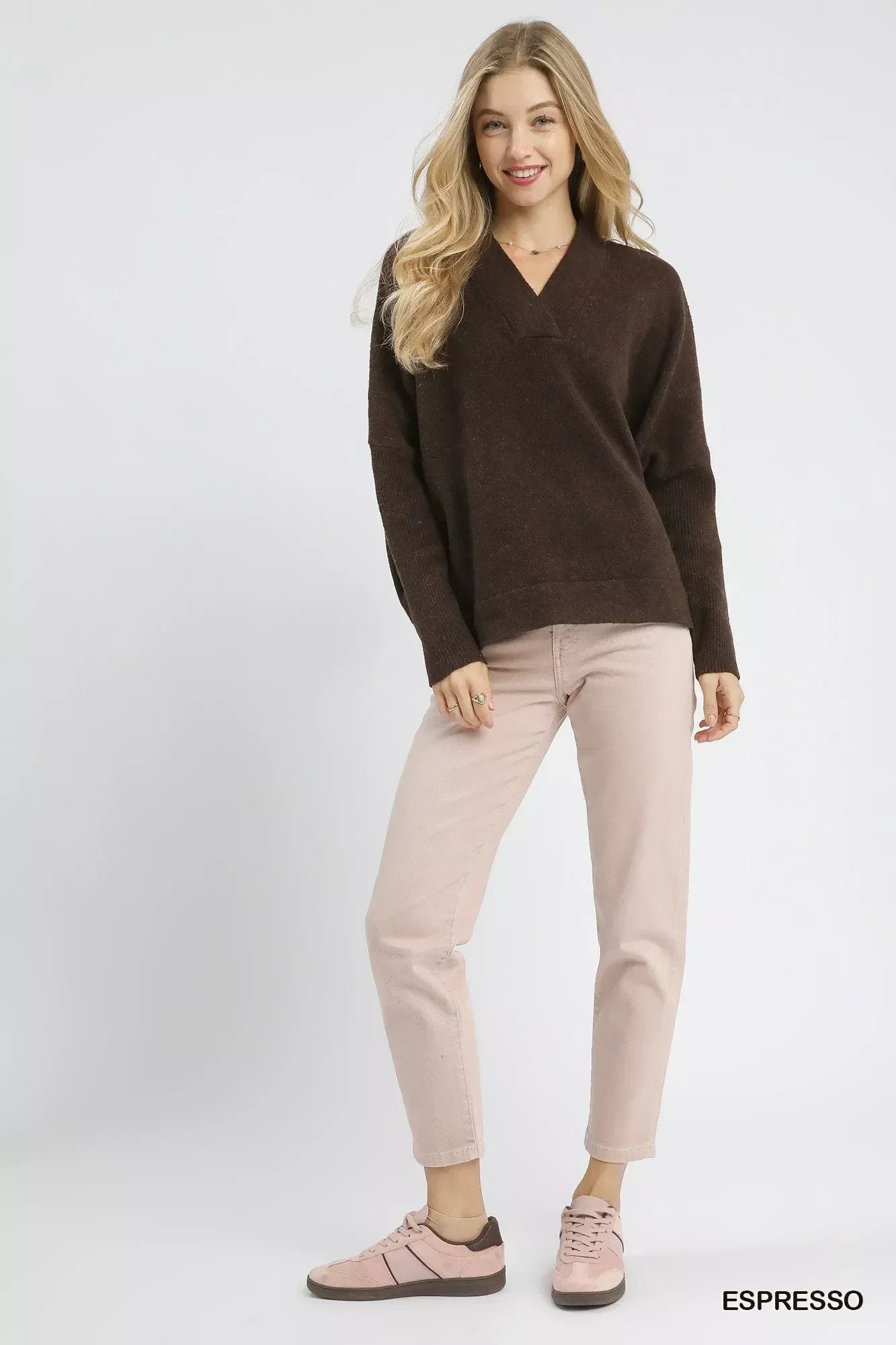 Umgee V-Neck Sweater with Wide Trim Detail - DAVERRI FASHIONS