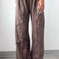 Brown leopard-print patchwork wide-leg pants with elastic waistband