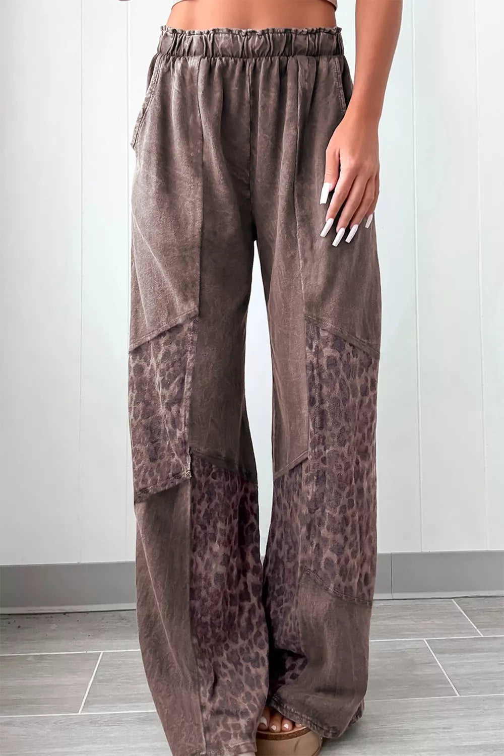 Brown leopard-print patchwork wide-leg pants with elastic waistband