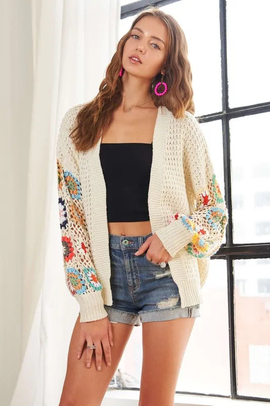 ADORA Full Size Contrast Crochet Open Front Long Sleeve Cardigan | Cardigans Daverri Fashions