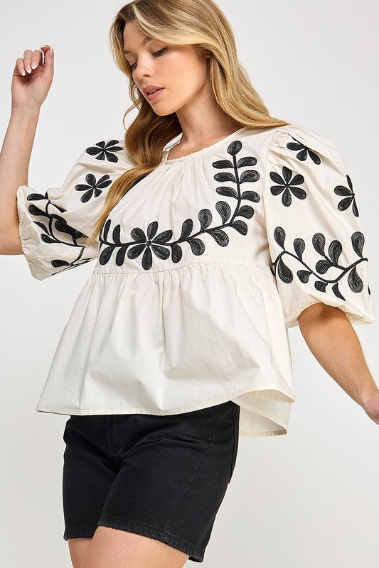 SAGE+FIG Puff-Sleeve Embroidered Peplum Blouse