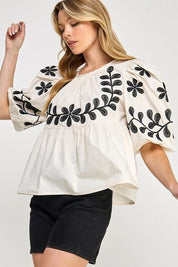 SAGE+FIG Puff-Sleeve Embroidered Peplum Blouse Blouses