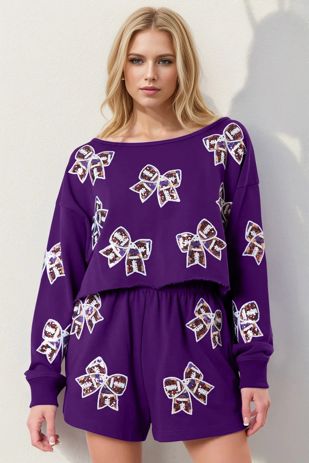 Violet Double Take Sequin Bow Cropped Top and Shorts Set | Loungewear Sets Daverri Fashions