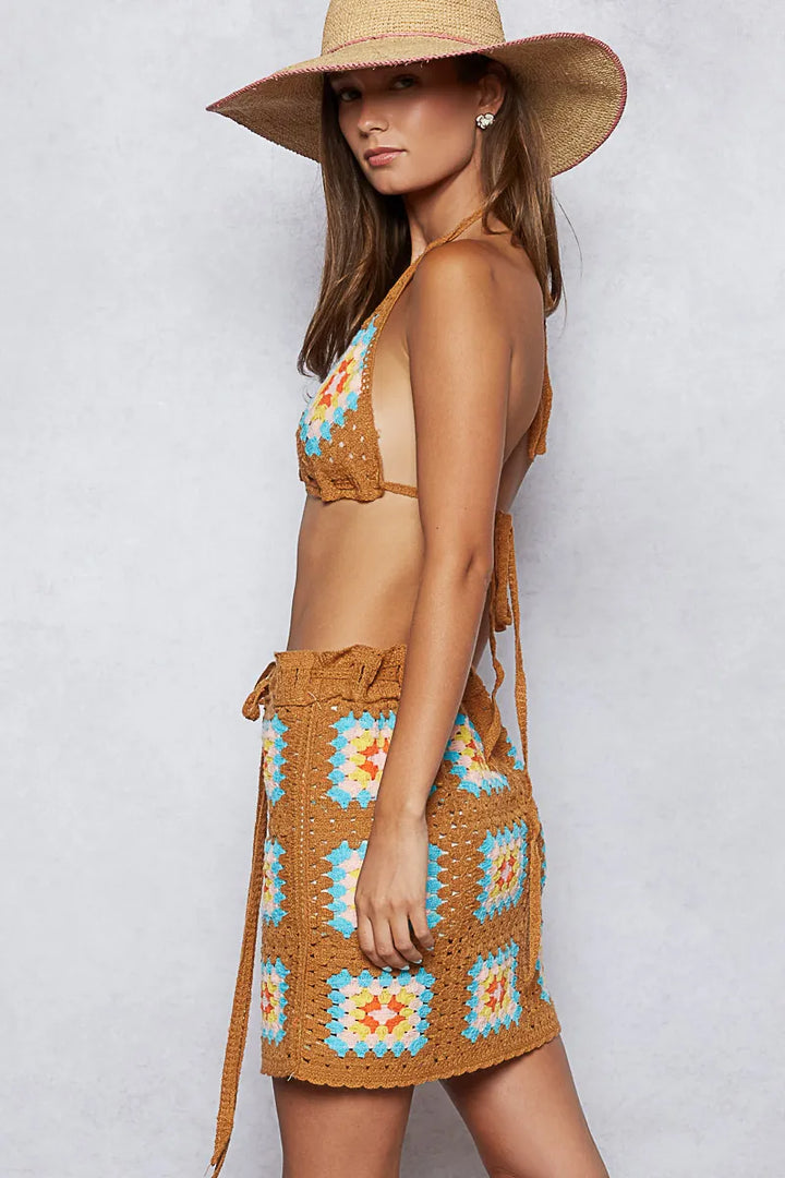 POL Crochet Halter Neck Cami and Skirt Sweater Set Outfit Sets