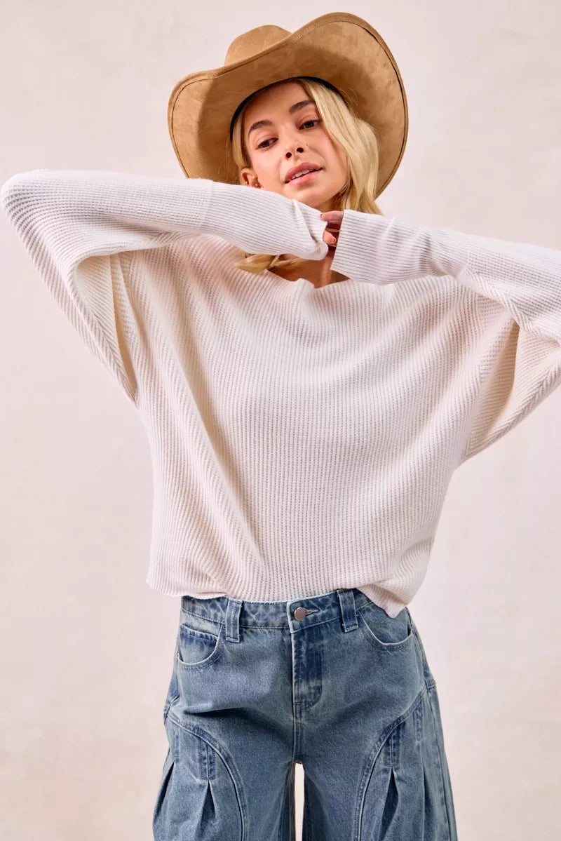 Cream-colored ribbed BiBi waffle knit off-shoulder sweater