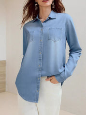 Light blue Daverri Fashions plus size button-up long sleeve denim shirt