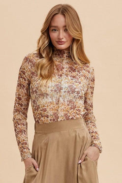 Annie Wear Floral Lettuce Hem Sheer Mesh Top - DAVERRI FASHIONS