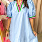 Light blue Notched Puff Sleeve Swing Dress with pink and green trim