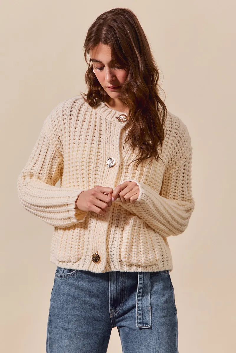 SO ME Metal Button Long Sleeve Chunky Sweater Cardigan Cardigans