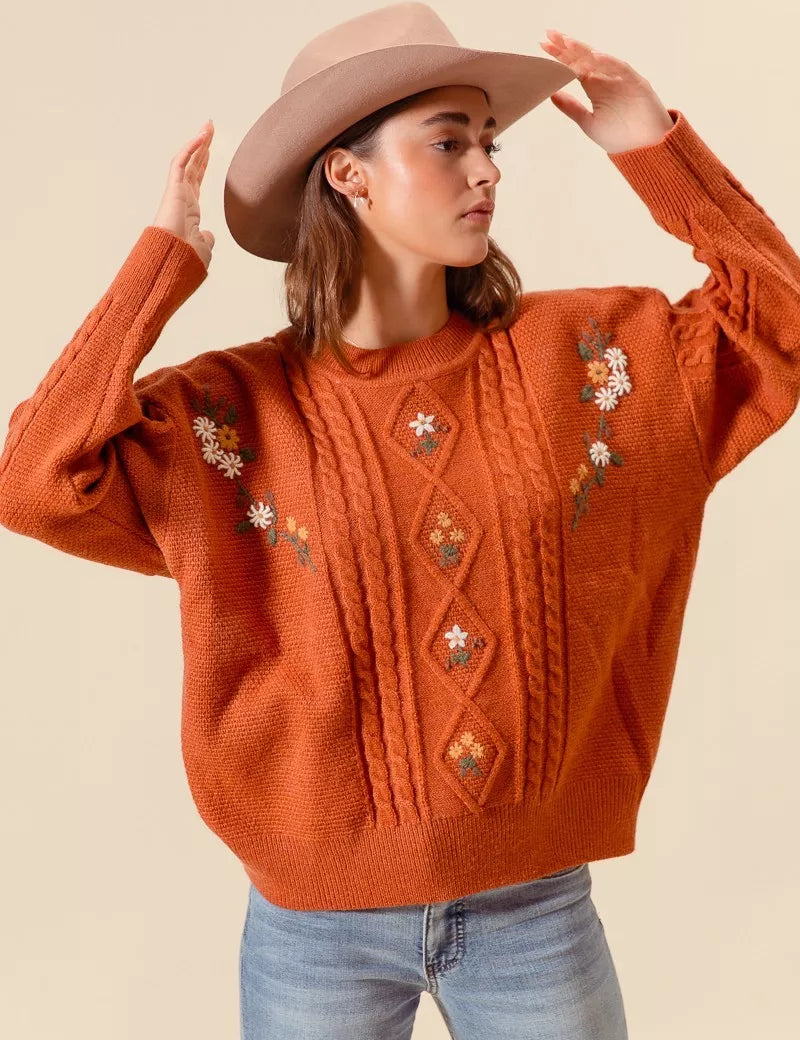 BRICK SO ME Embroidered Flower Cable Knitted Sweater | Sweaters Daverri Fashions