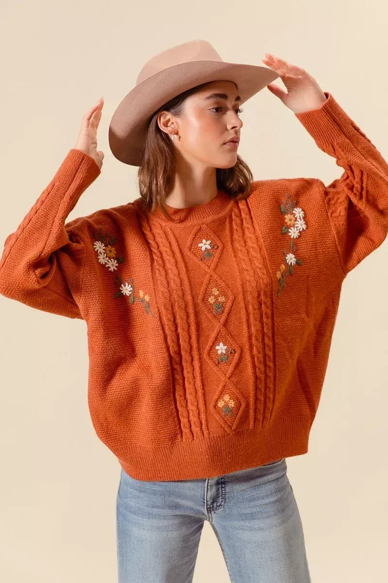 SO ME Embroidered Flower Cable Knitted Sweater - DAVERRI FASHIONS