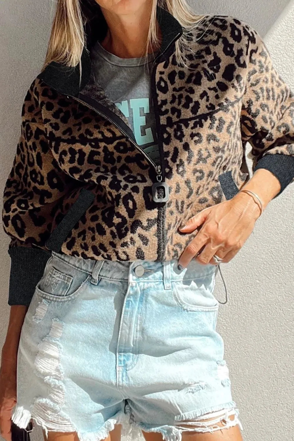 Leopard Zip Up Long Sleeve Jacket | Jackets Daverri Fashions
