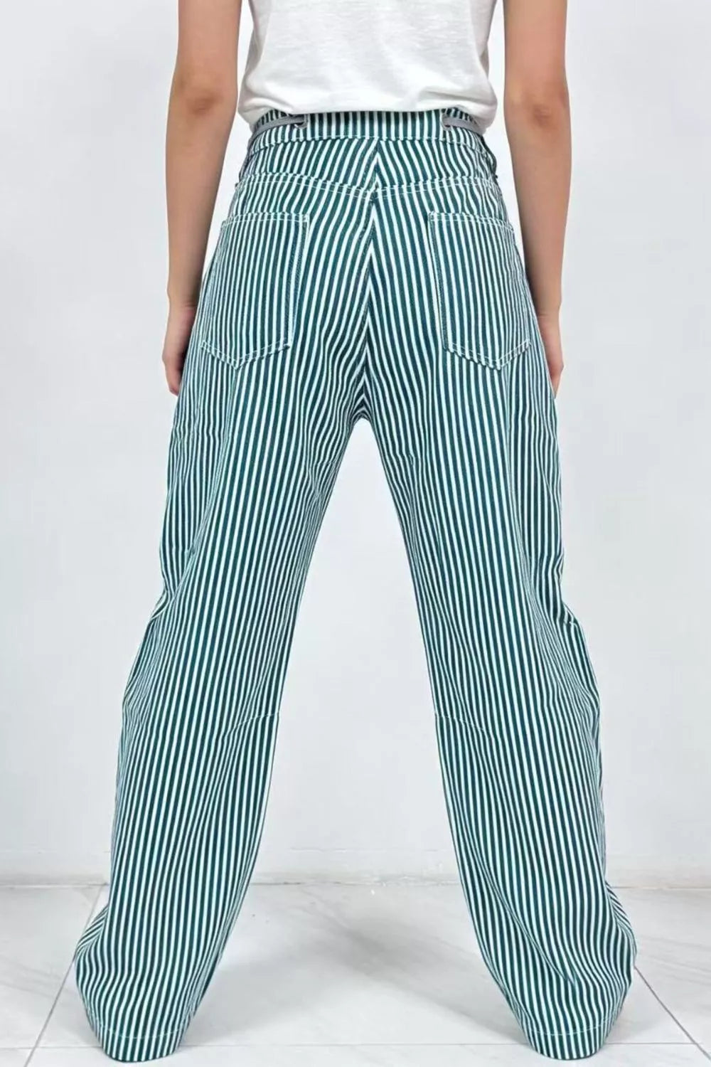 Daverri Striped Wide-Leg Pants in teal and white vertical stripes