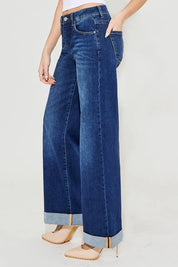 RISEN Full Size Tummy Control High Rise Wide Leg Cuffed Jeans Plus Size | Jeans Daverri Fashions
