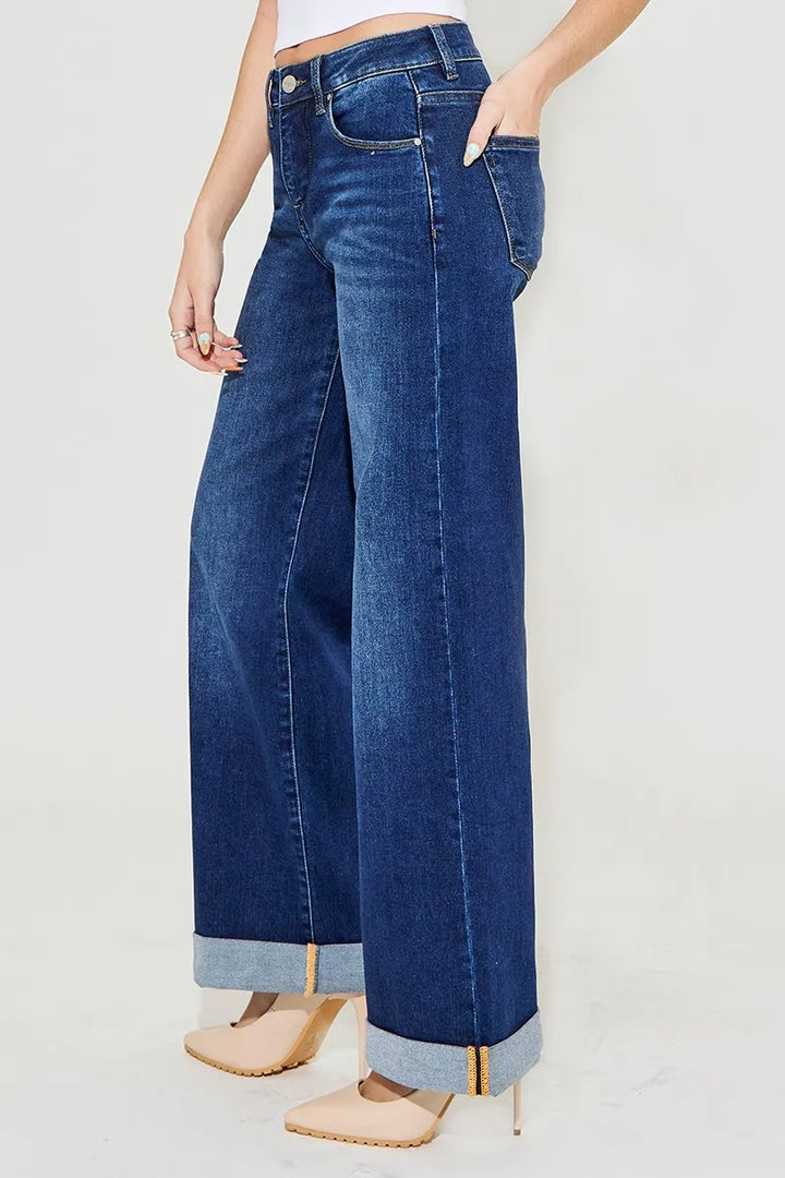 RISEN Full Size Tummy Control High Rise Wide Leg Cuffed Jeans Plus Size Jeans