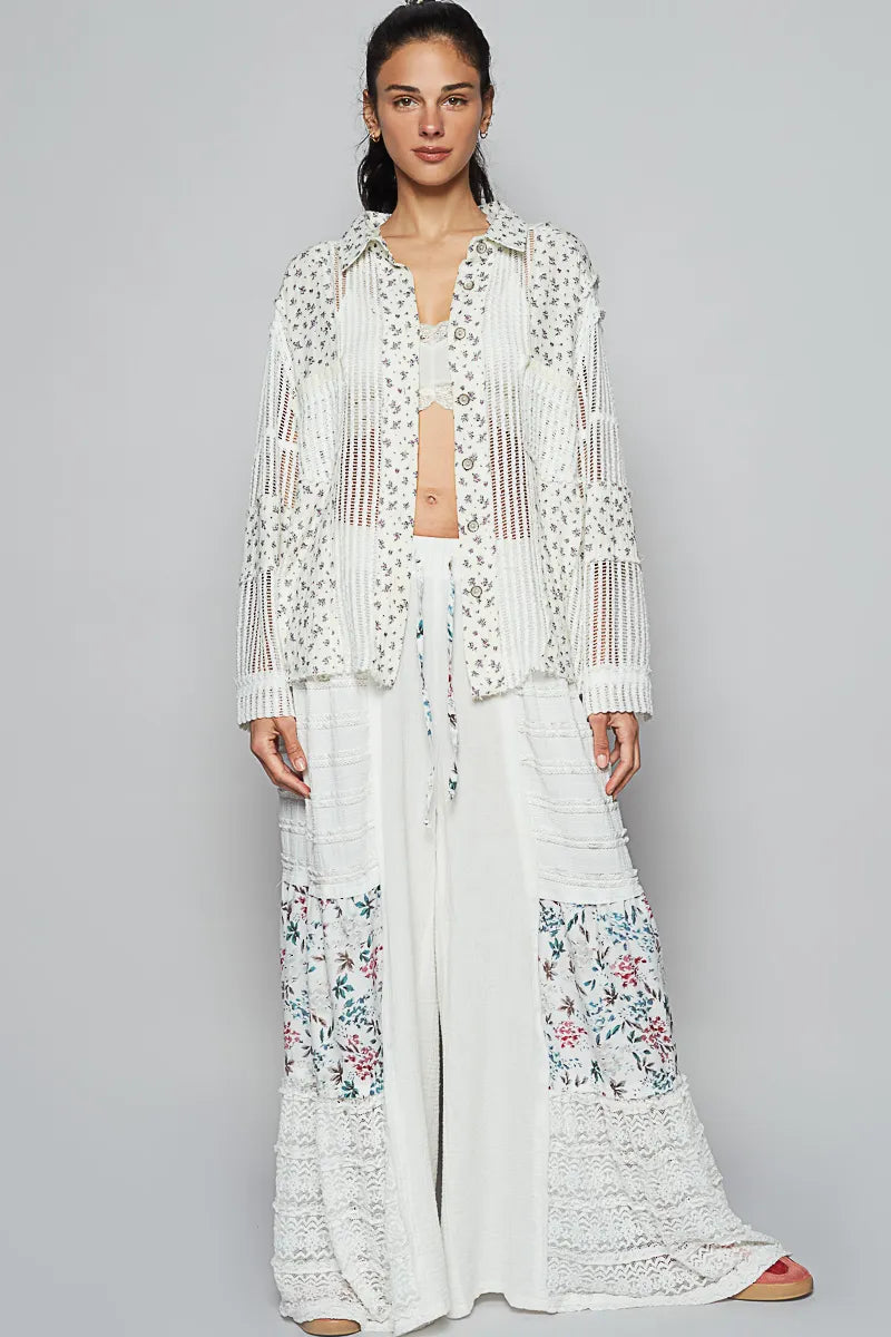 POL Floral Crochet Patchwork Long Sleeve Shirt Shirts