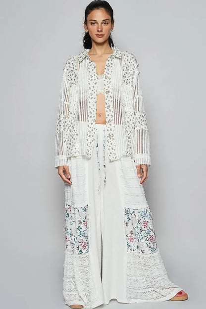 POL Floral Crochet Patchwork Long Sleeve Shirt - DAVERRI FASHIONS