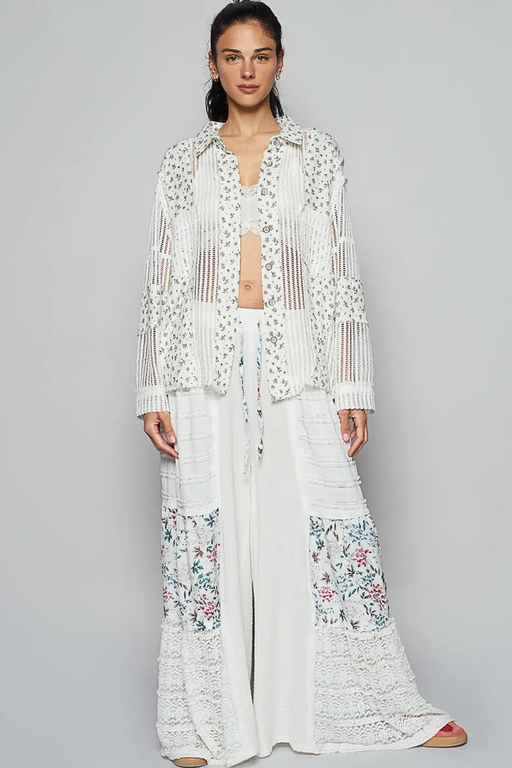 POL Floral Crochet Patchwork Long Sleeve Shirt Shirts