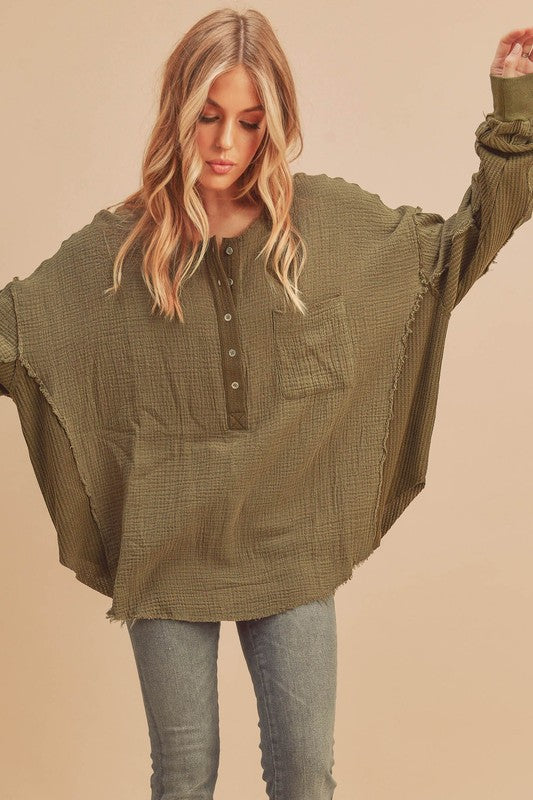 Aemi + Co Exposed Seam Raw Hem Half Button Top Olive Tops