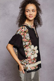 POL Lace Round Neck Short Sleeve Floral Pattern Top with Patch Detail | Blouses Daverri Fashions